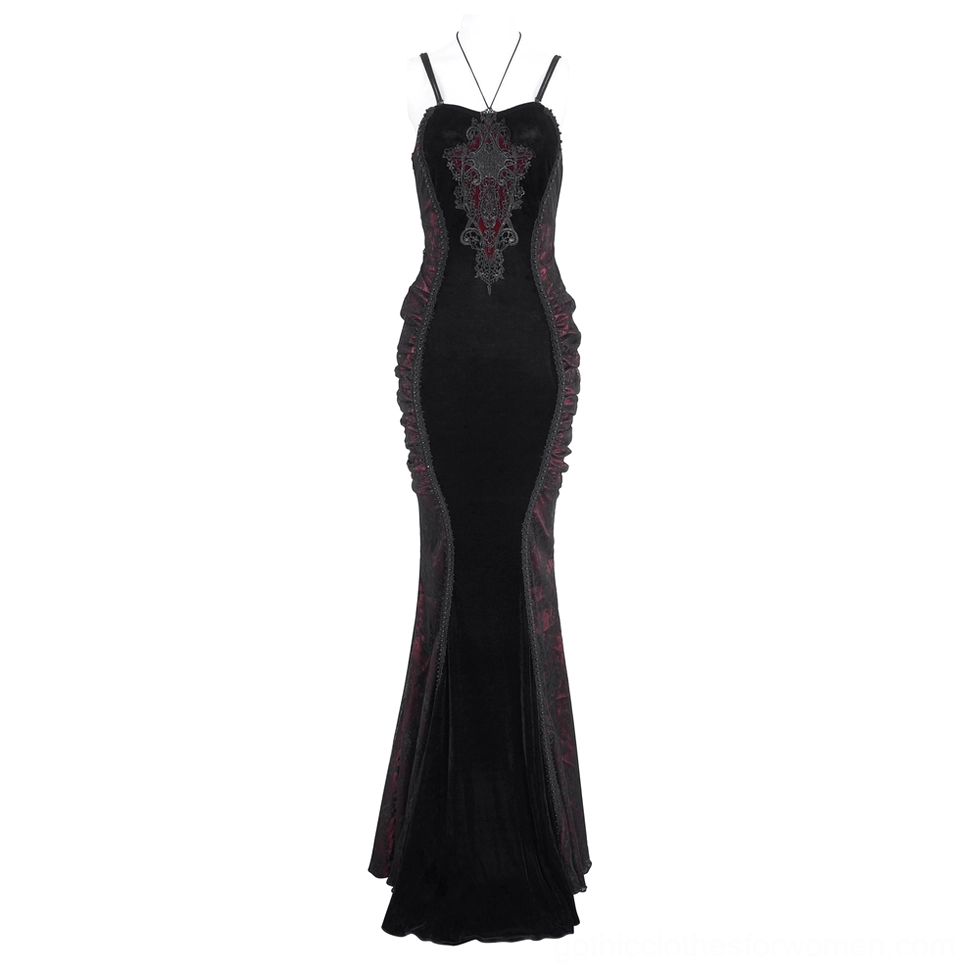 Black burgundy velvet gothic mermaid dress on mannequin front view with sweetheart neckline