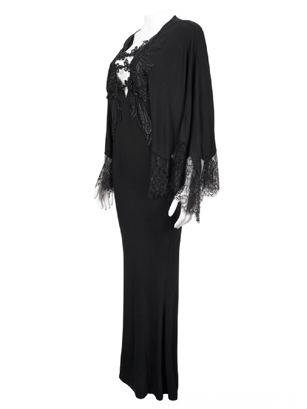 Black mermaid gothic dress side profile view, showing form-fitting bodice, lace-trimmed cape sleeves, and dramatic floor-length hem