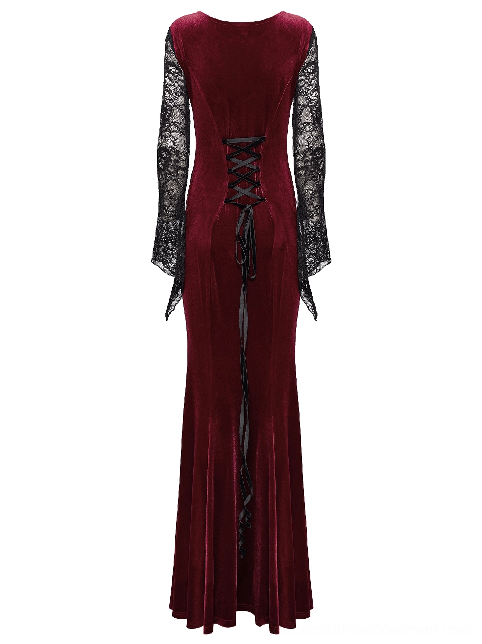 Side view of burgundy velvet gothic mermaid dress showing side lace-up detail and single lace sleeve