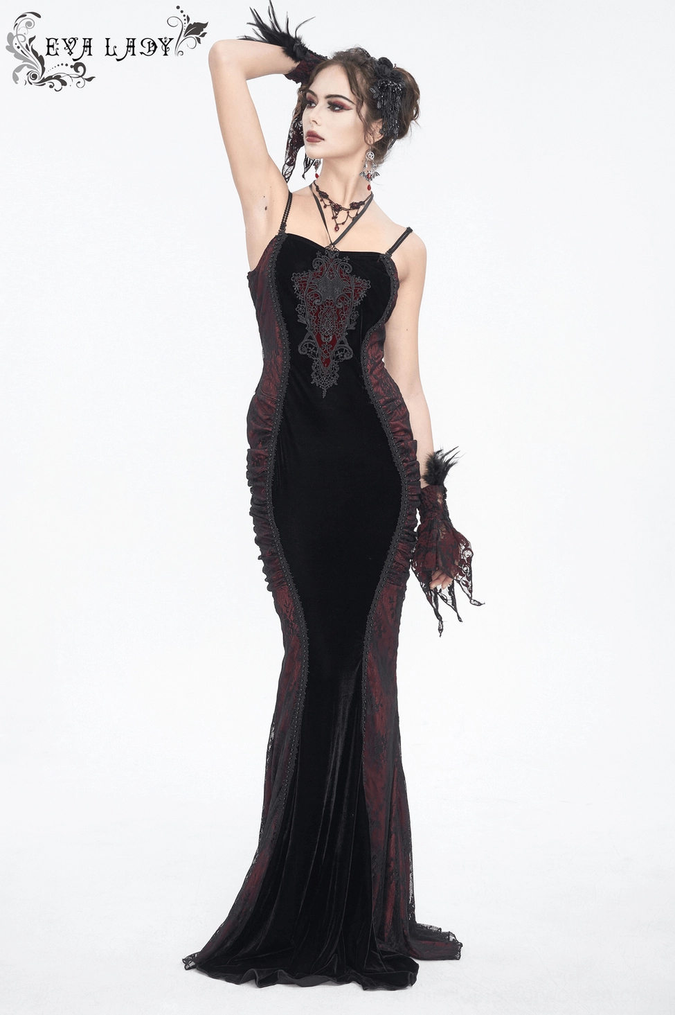 Black burgundy gothic mermaid dress alternative view of wine red lace and velvet texture