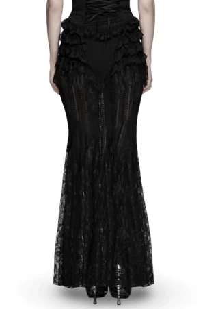 Black victorian gothic mermaid lace maxi skirt on model wearing high heels, full back view