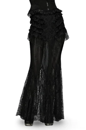 Black gothic mermaid fishtail maxi skirt with layered ruffles and sheer lace panels, rear view on mannequin