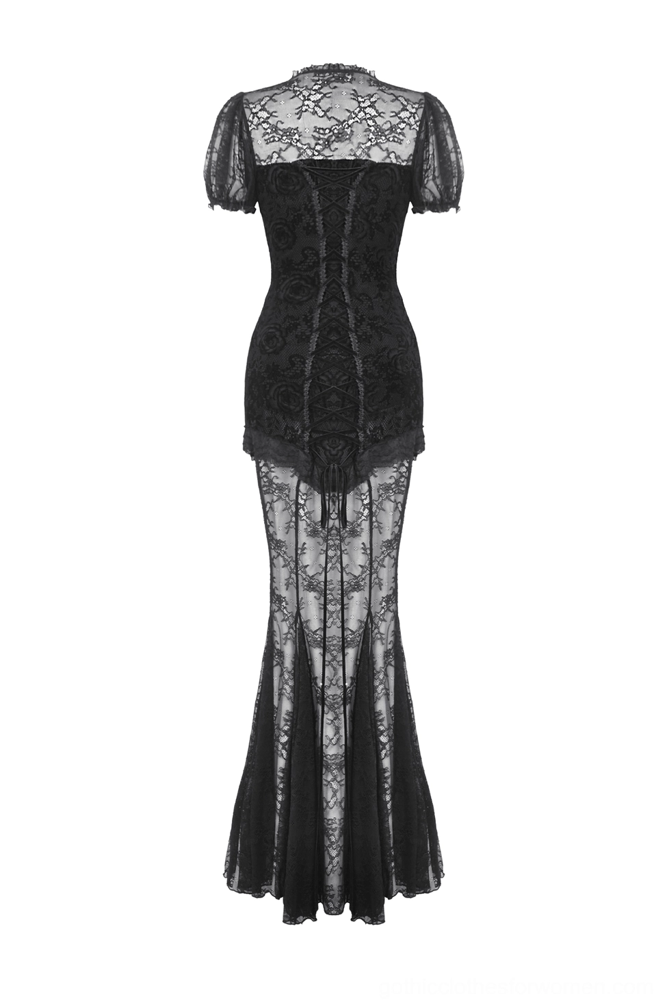 Black gothic lace mermaid gown back view on mannequin, displaying lace-up back, lace yoke detail, and fishtail skirt silhouette