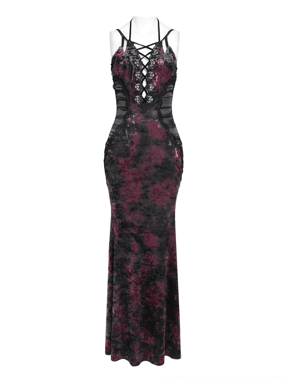 Multi-angle collage of black burgundy gothic tie-dye dress with styling accessories including lace gloves and feather hat