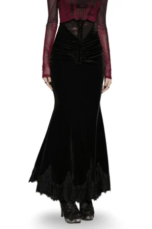 Black velvet gothic mermaid skirt with lace hem, rear view showing ruched back detail and fishtail silhouette