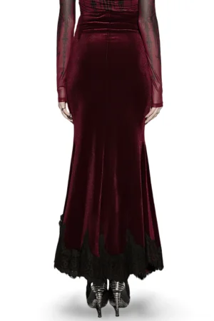 Black scalloped lace hem and fishtail silhouette detail of burgundy gothic mermaid skirt shown from back full-body angle with model wearing black boots