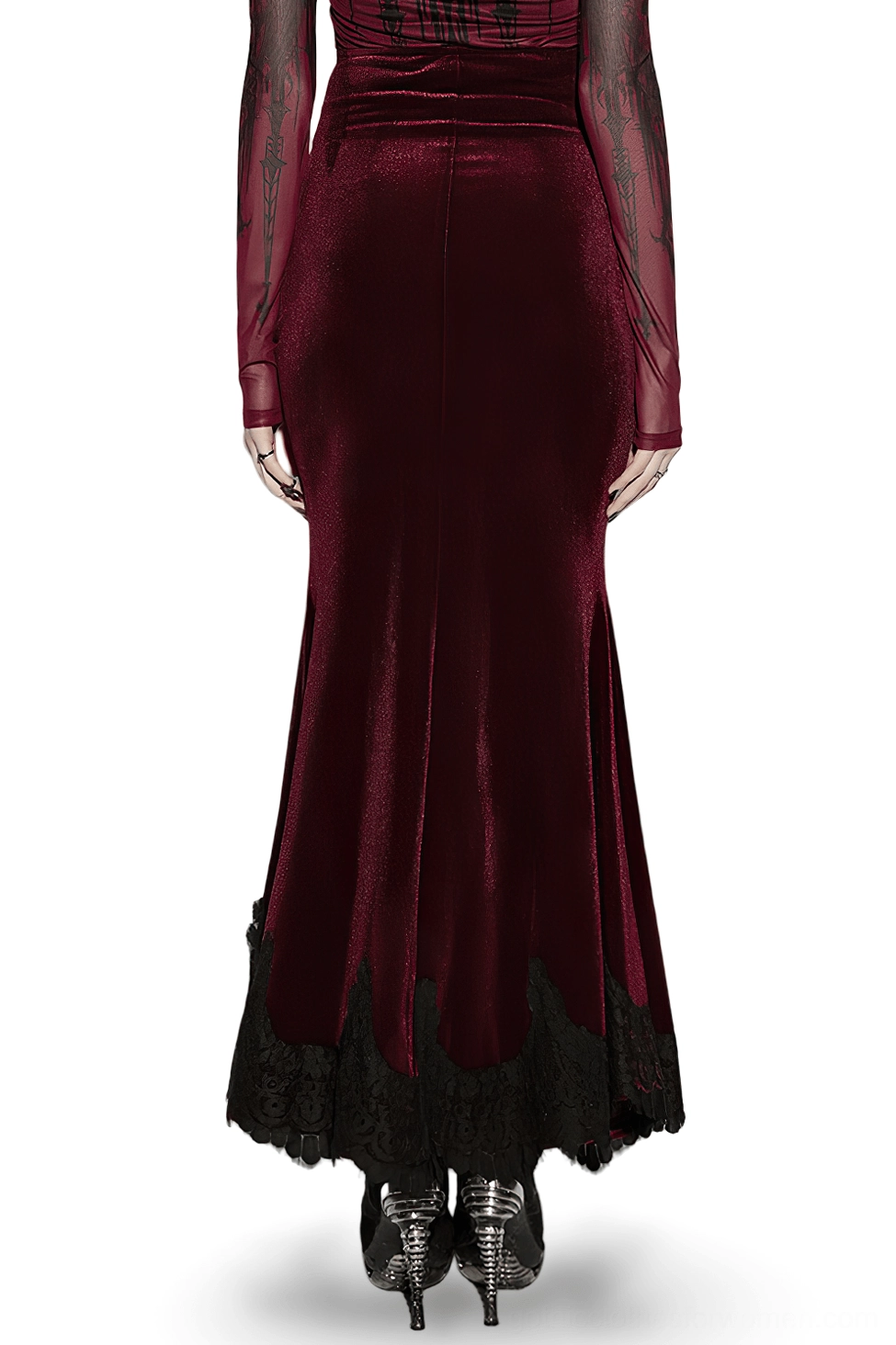 Black scalloped lace hem and fishtail silhouette detail of burgundy gothic mermaid skirt shown from back full-body angle with model wearing black boots