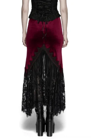 Black lace fishtail hem detail of burgundy gothic mermaid skirt back view worn with black corset and platform boots