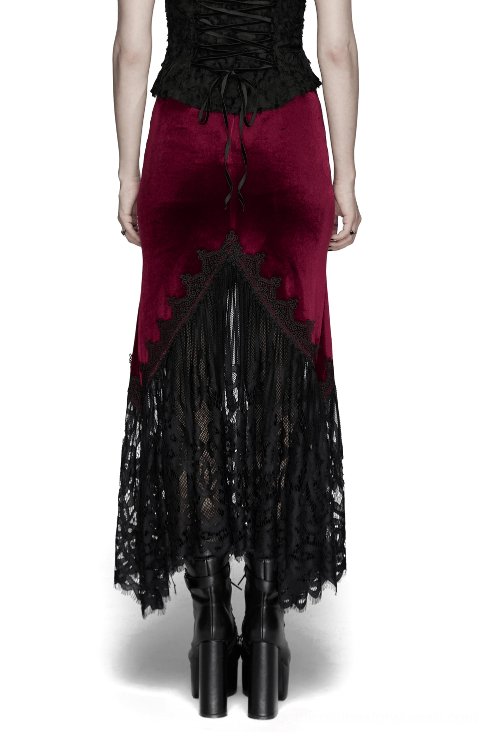 Black lace fishtail hem detail of burgundy gothic mermaid skirt back view worn with black corset and platform boots