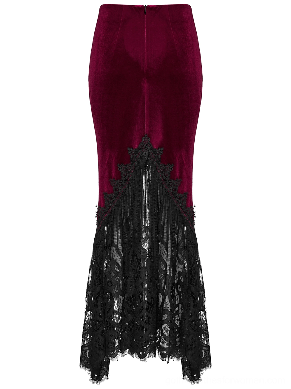 Back view of burgundy velvet gothic mermaid skirt flat lay showing hidden back zipper and tight fishtail silhouette