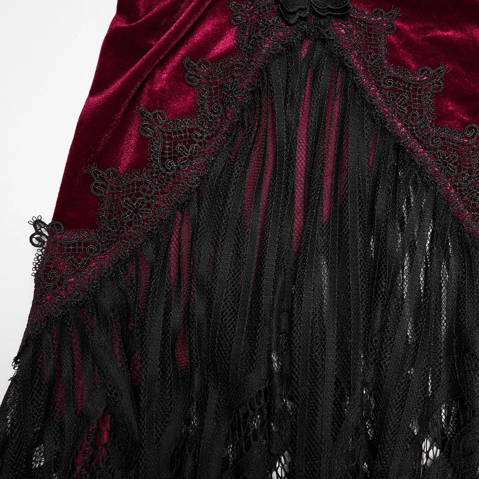 Black lace eyelash hem with scalloped trim and sheer tassel lace panel detail on burgundy gothic mermaid skirt