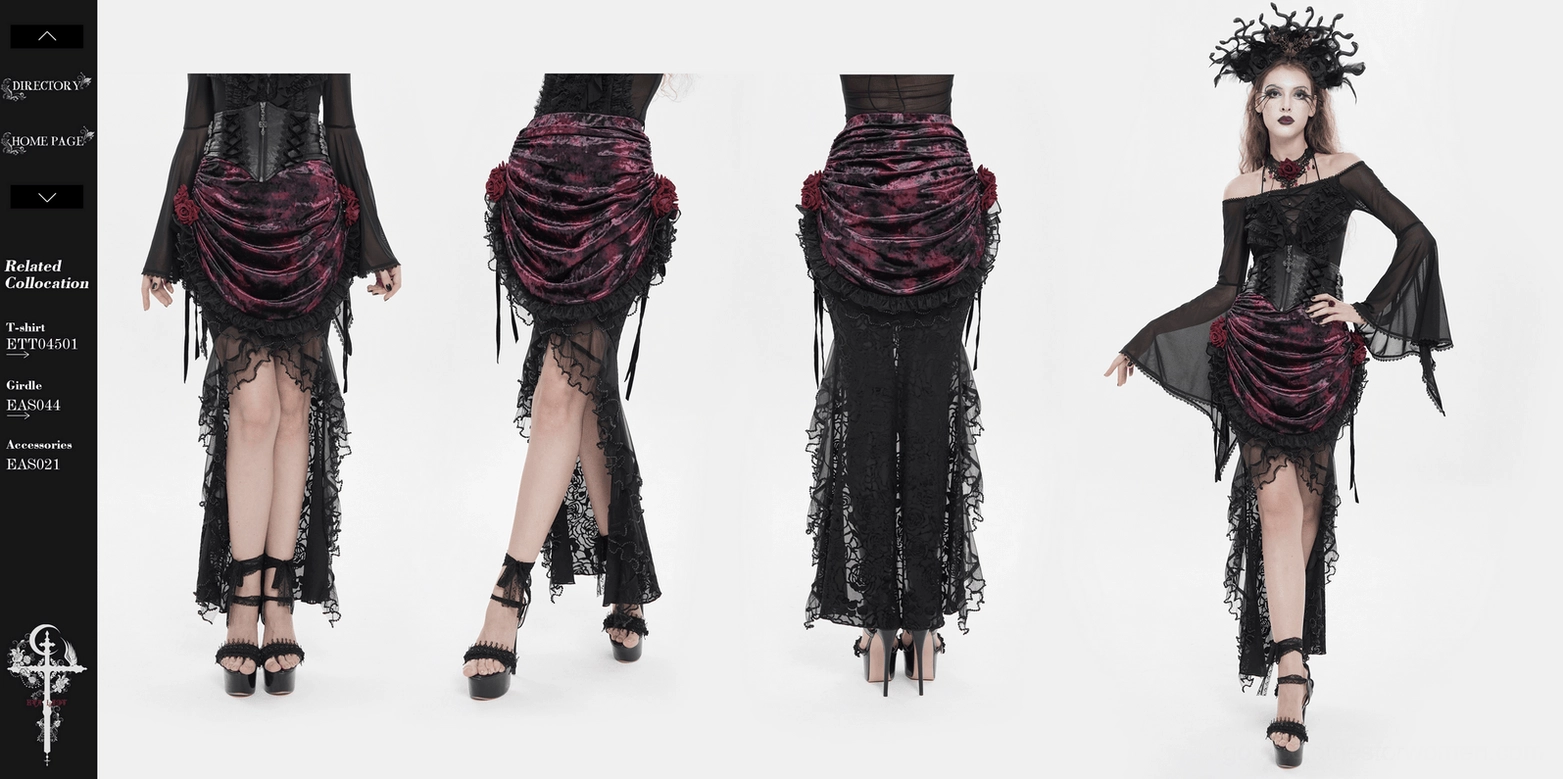 Gothic mermaid skirt featuring corset waist, rose accents, and theatrical floor-length silhouette