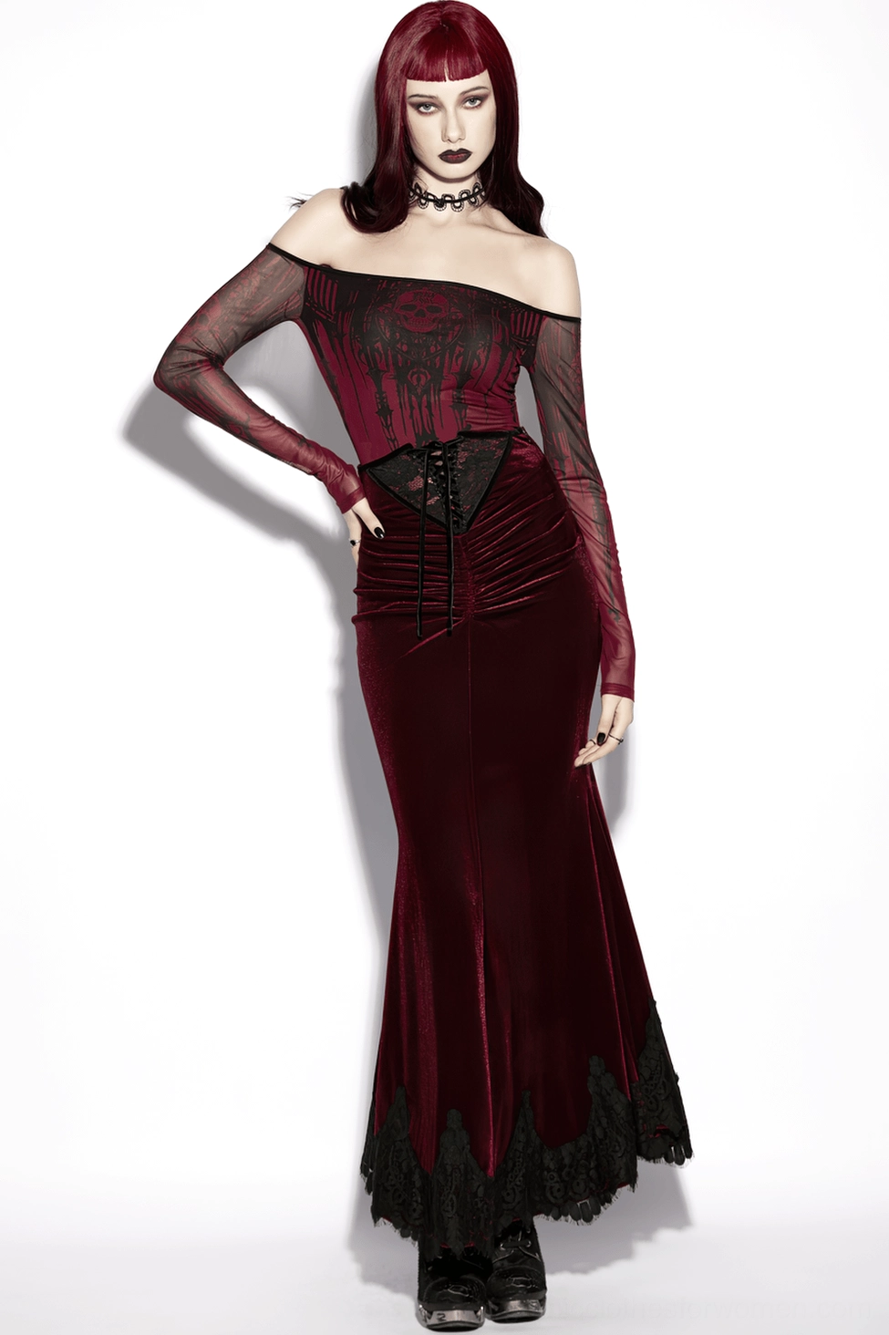 Burgundy velvet gothic mermaid maxi skirt demonstrated with gothic evening wear coordinate featuring dramatic styling