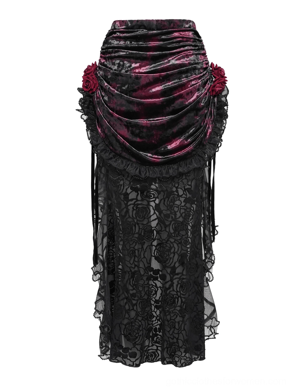 Gothic high-low mermaid skirt with side slit, sheer lace overlay, and burgundy rose embellishments, mannequin view