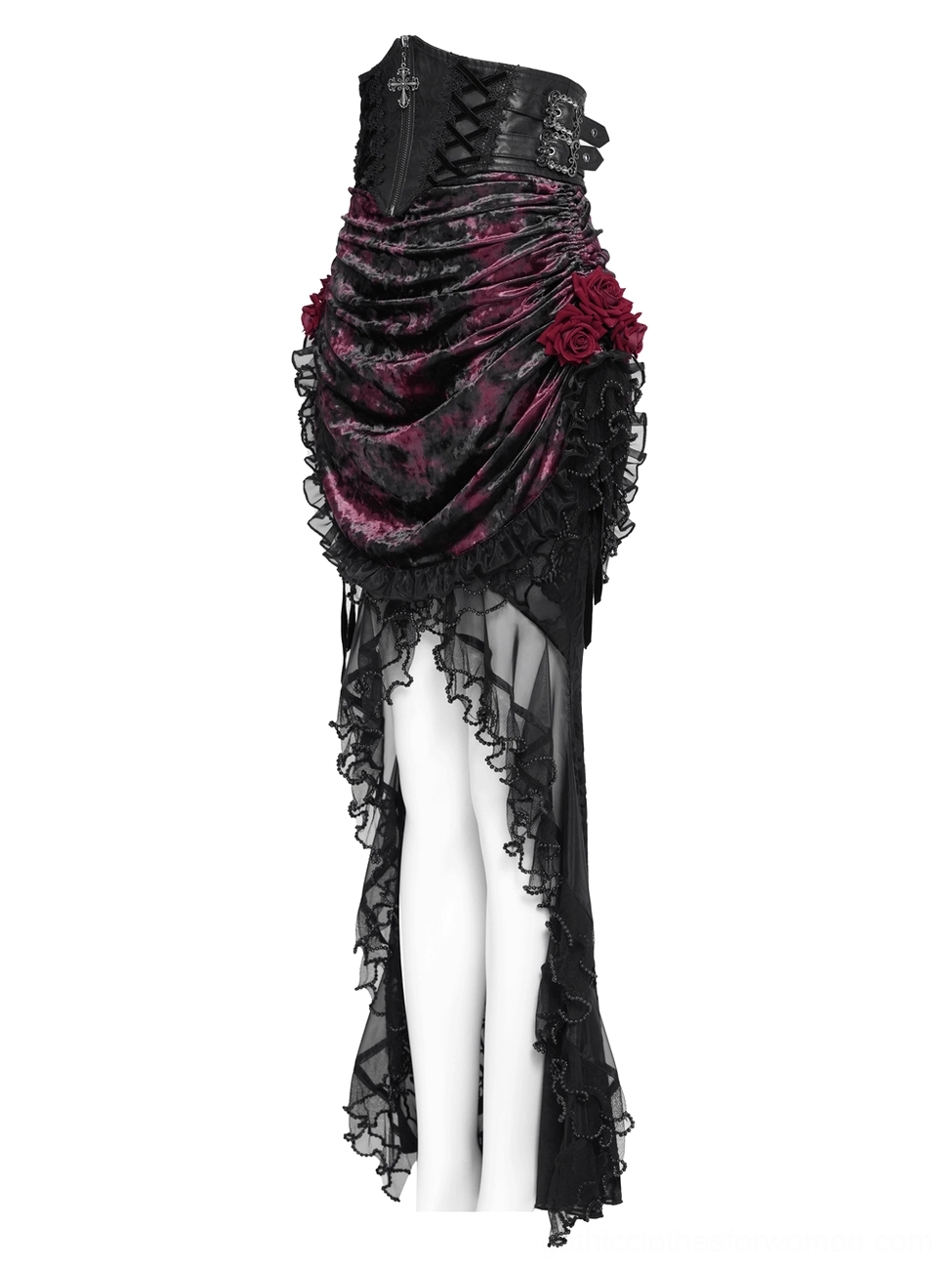 Gothic corset waist mermaid skirt with lace-up back, burgundy rose trims, and high-low hemline, mannequin front