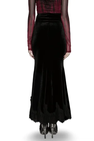 Women's black velvet gothic mermaid maxi skirt, full rear profile showcasing lace-trimmed fishtail hem and high waist design