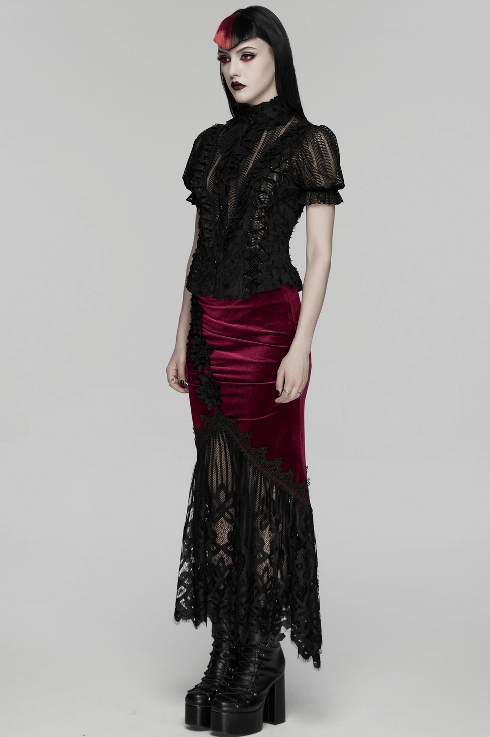 Burgundy velvet gothic mermaid skirt detail showing ruched sculpting and black lace fishtail hem design