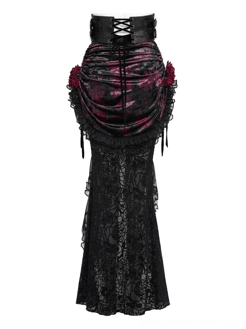 Side profile view of gothic velvet mermaid skirt showing draped satin, ruffled lace trim, and rose decorations