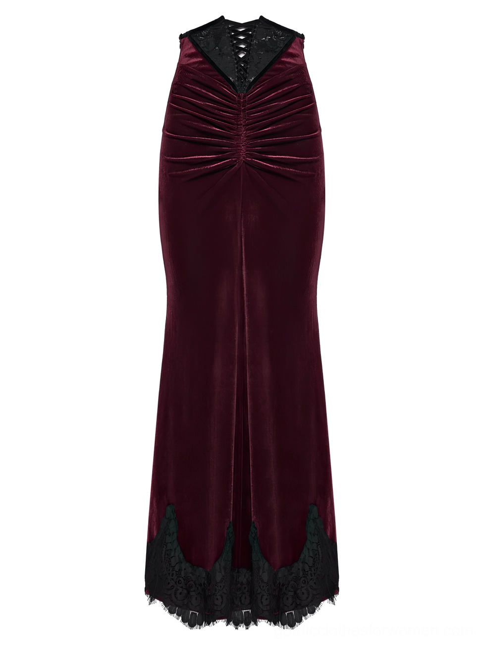 Side flat lay view of burgundy velvet gothic skirt showing slim fishtail cut and hidden side zipper closure with lace hem