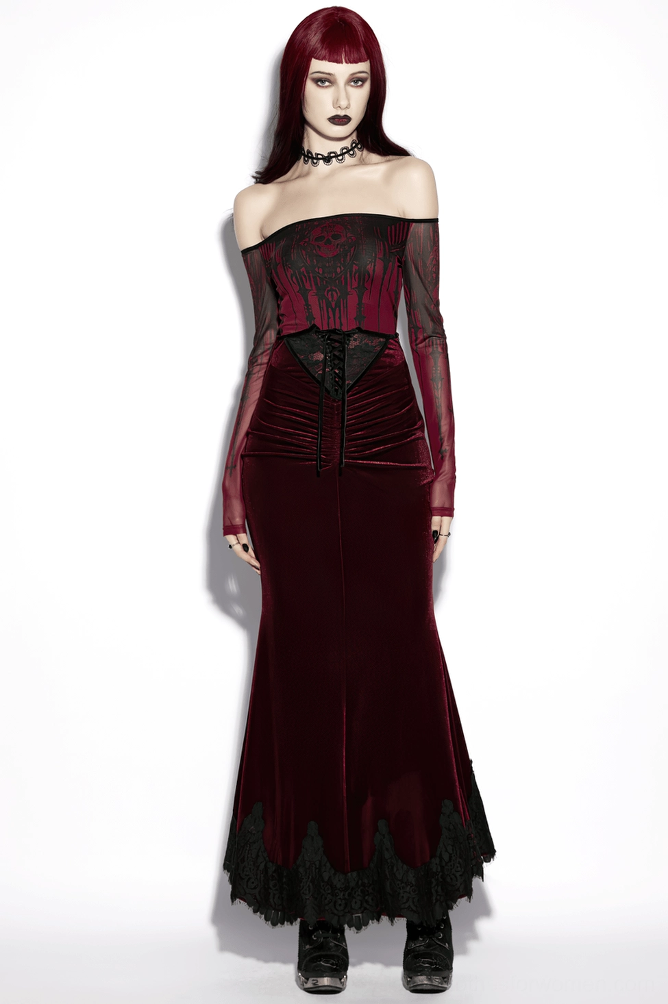 Burgundy velvet gothic mermaid skirt paired with sheer long-sleeve black top and choker demonstrating styling possibilities
