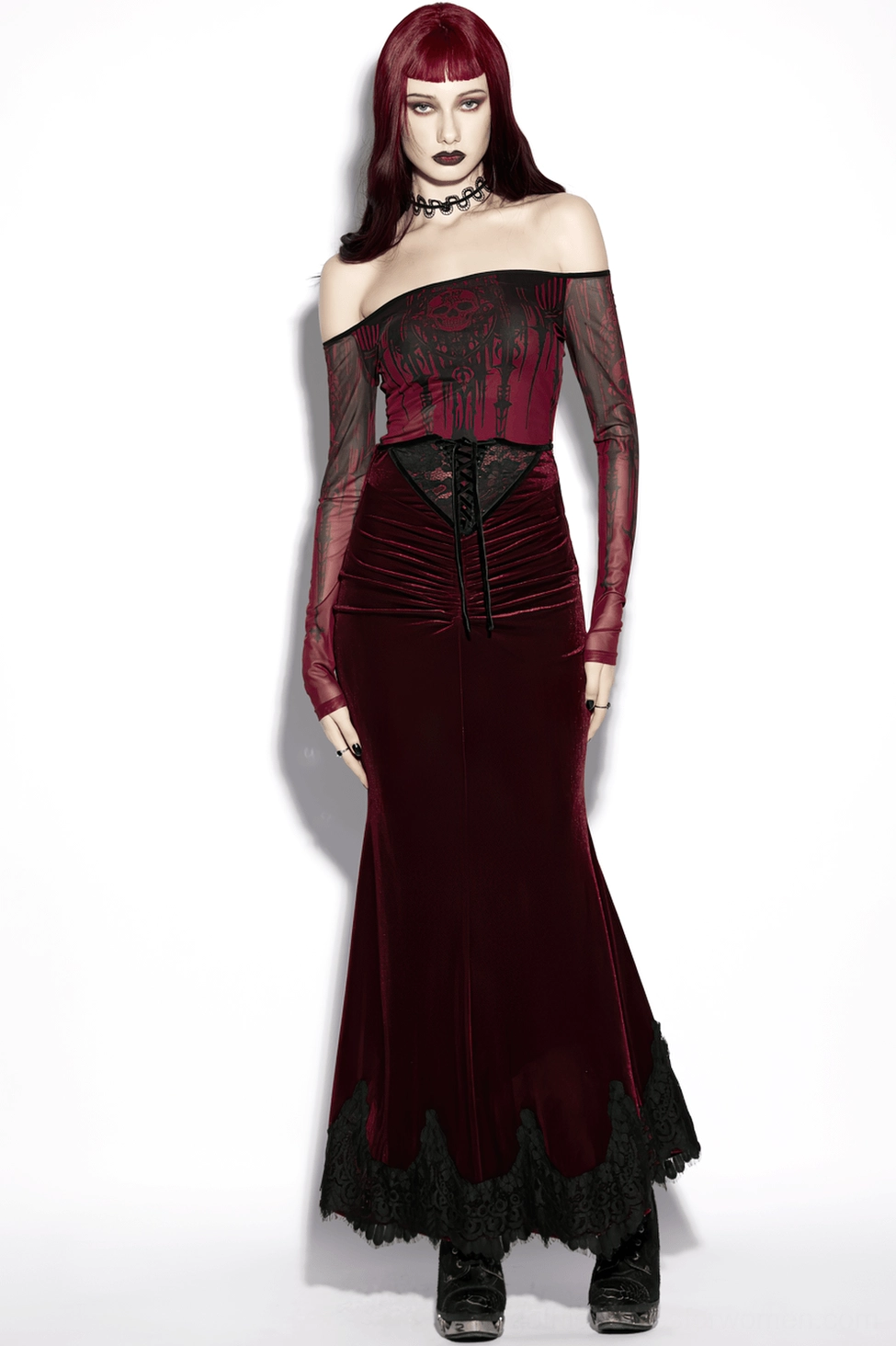 Gothic velvet mermaid skirt styled with victorian gothic costume pieces showcasing historical fashion recreation potential
