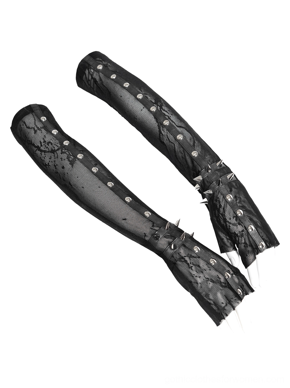 Flat lay display of gothic fingerless arm sleeves showing black mesh construction with rivet trim and spike stud cuffs detail
