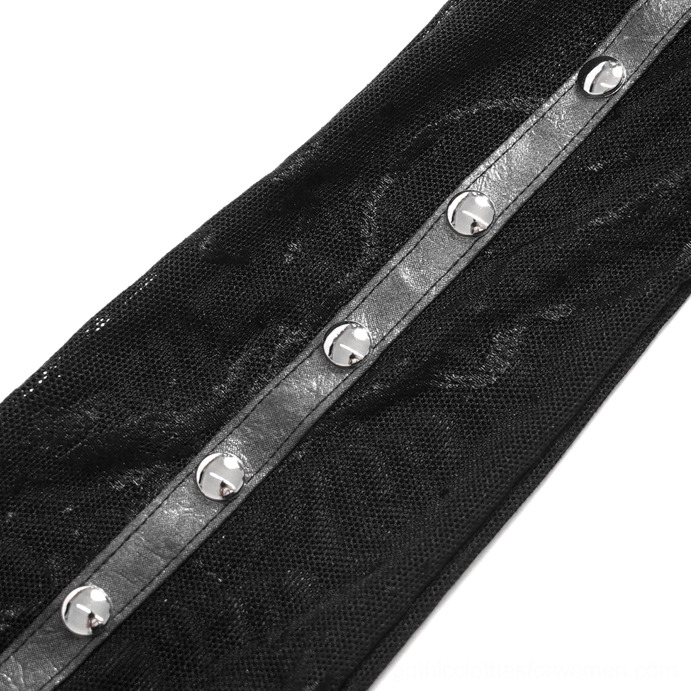 Gothic arm sleeves with spike studs displayed in detail shot showing texture of mesh lace and hardware elements