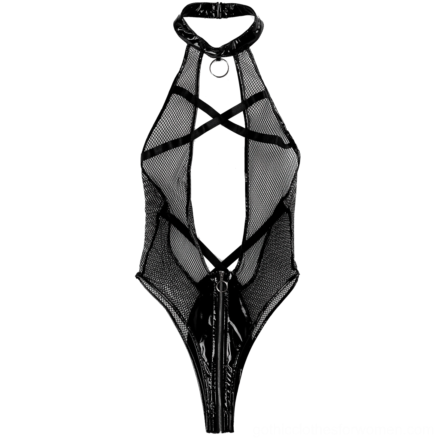 Full product flat lay of black gothic mesh bodysuit with patent leather accents, complete front view display