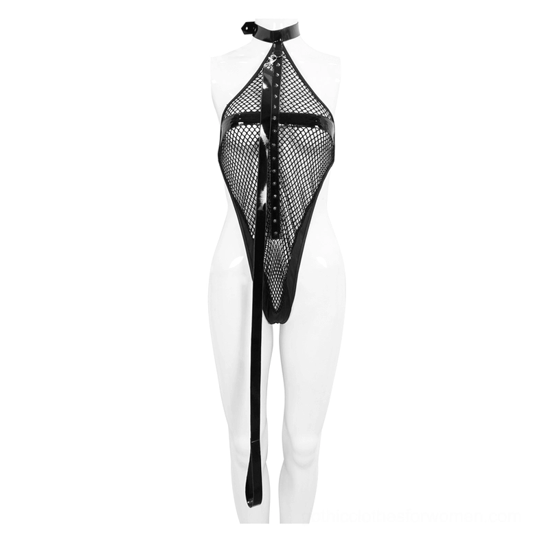 Black halter mesh bodysuit front view on mannequin display, highlighting halter collar buckle, detachable belt, and glossy PU leather trim