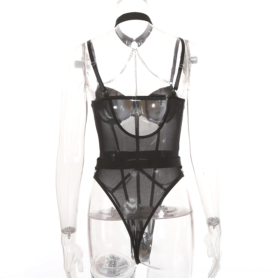 Black gothic mesh bodysuit front full view on mannequin, underwire cups, bodycon sheer design, chain harness