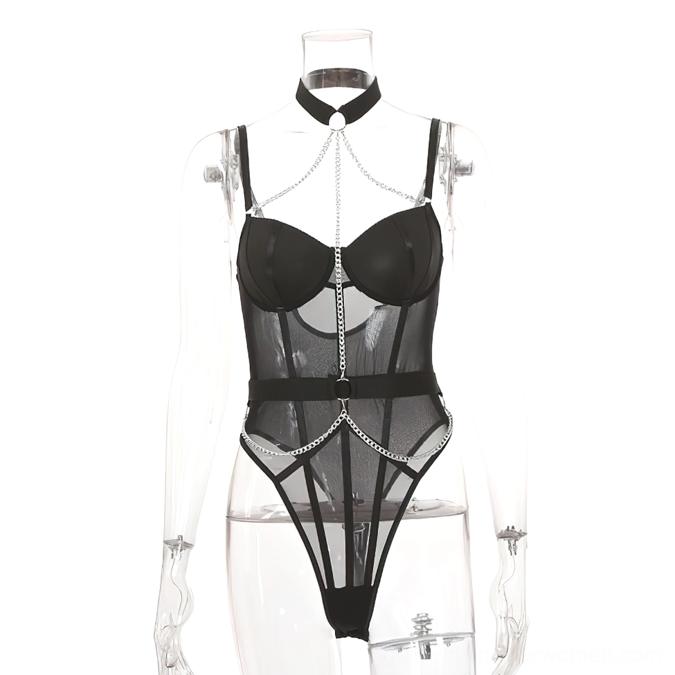 Black gothic mesh bodysuit full front view on clear mannequin, choker neckline with chain, sheer tulle fabric, bodycon silhouette