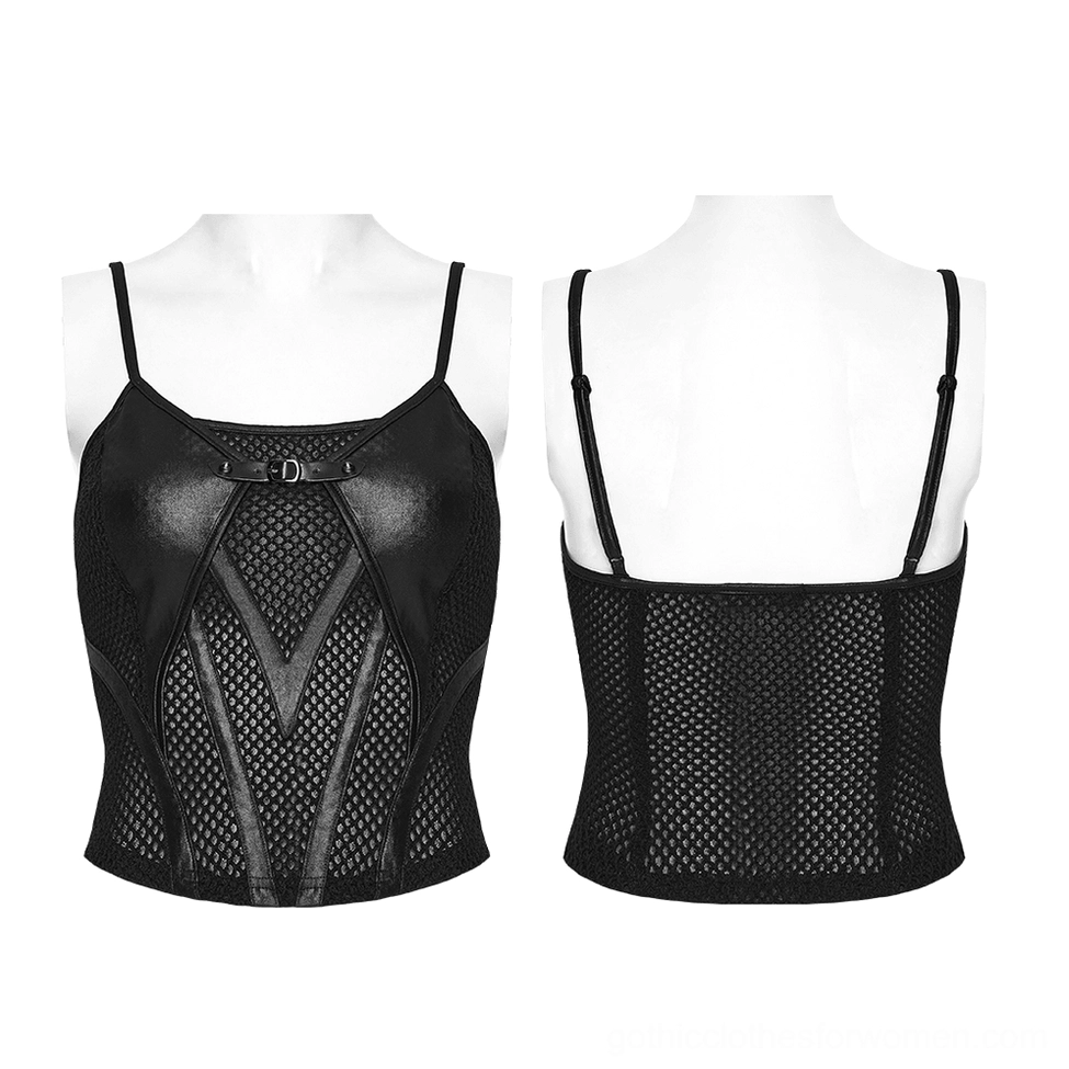 Black gothic mesh camisole top front and back mannequin display showing faux leather buckle strap and V-shaped stitching details