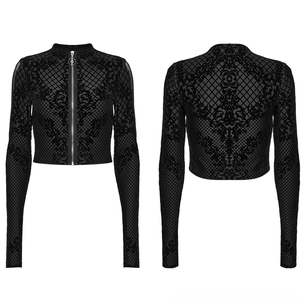 Black gothic crop jacket flat lay front, stand collar and cropped hem detail on white background