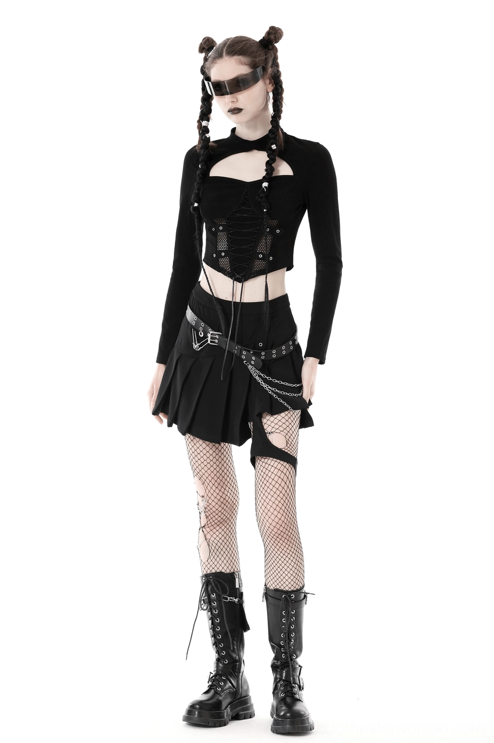 Alternative styling view of gothic mesh crop top with long sleeves and cropped silhouette