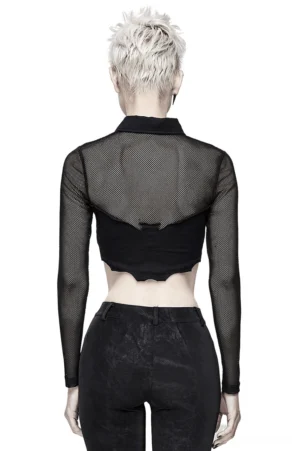 Gothic punk mesh crop top back view showing black mesh back panels and architectural design