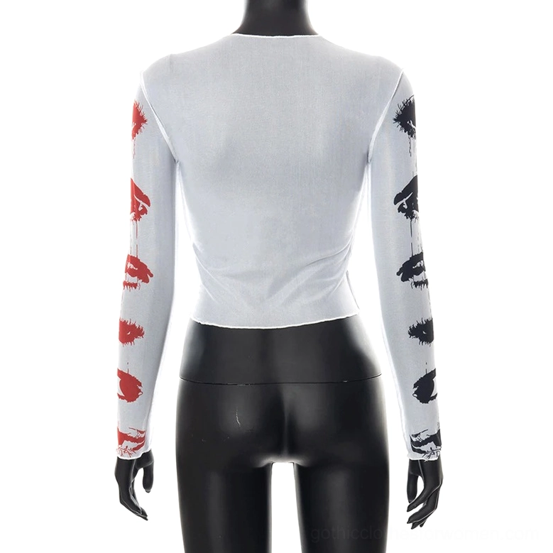 Back view of gothic mesh crop top on mannequin displaying sleeve prints on both arms and overall silhouette