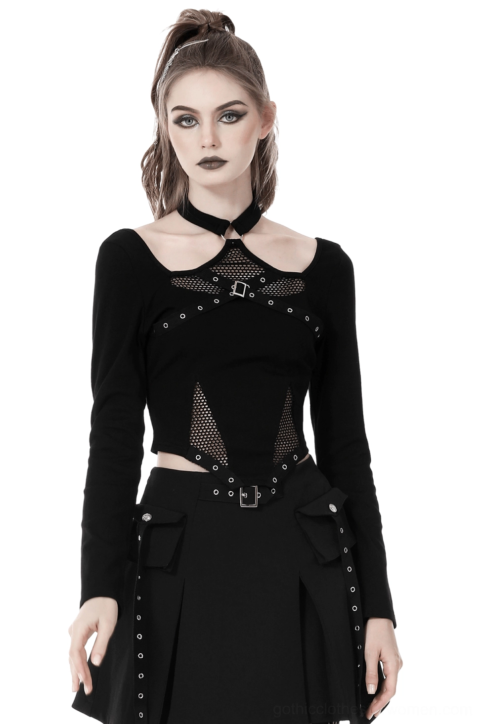 Black gothic mesh crop top with halter choker and long sleeves, front view on model with fishnet panels and metal eyelets