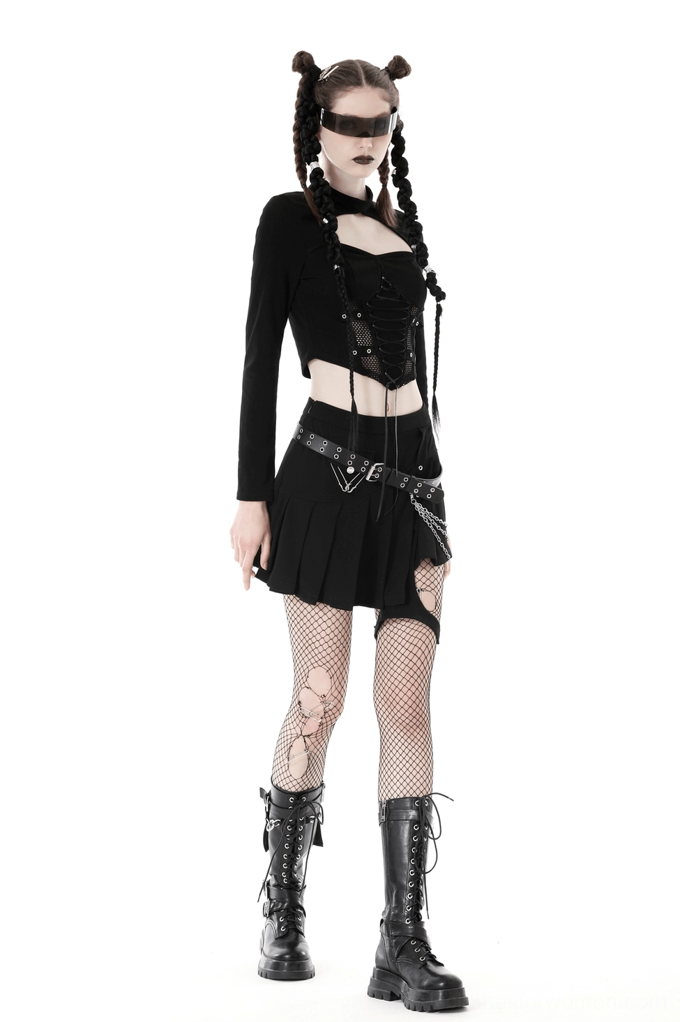 Gothic mesh crop top featuring heart cutout, mock neck, lace-up front, and punk aesthetic details