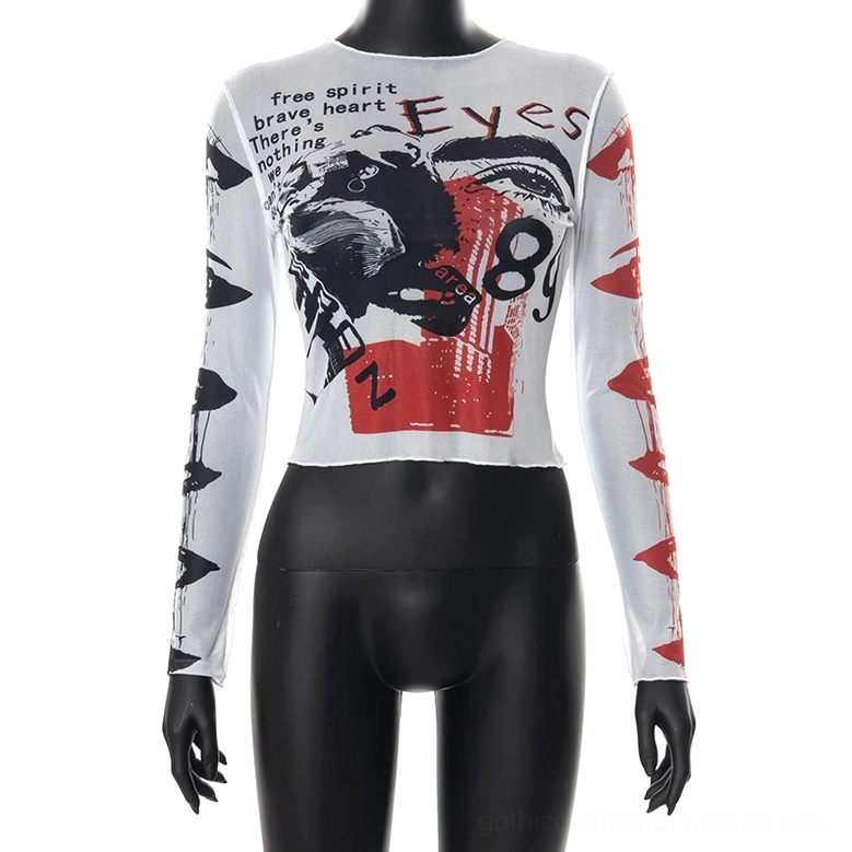 Black mannequin display of gothic mesh crop top showing slim bodycon fit and cropped silhouette with graffiti prints
