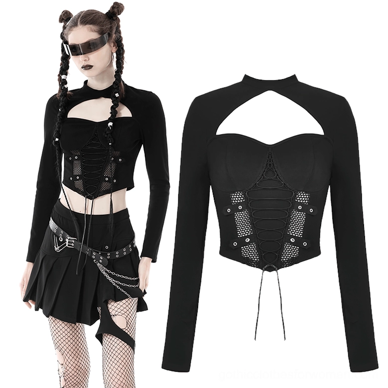 Gothic mesh crop top styling with punk belt, fishnet stockings, and pleated skirt paired on model