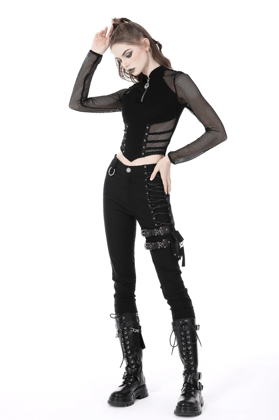 Gothic mesh crop top overall design showing cropped silhouette and full mesh sleeve construction