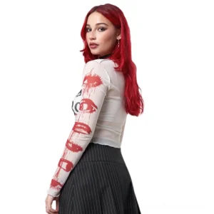 Gothic crop top side-back view displaying lip print details on left sleeve and sheer mesh construction with full-length sleeves