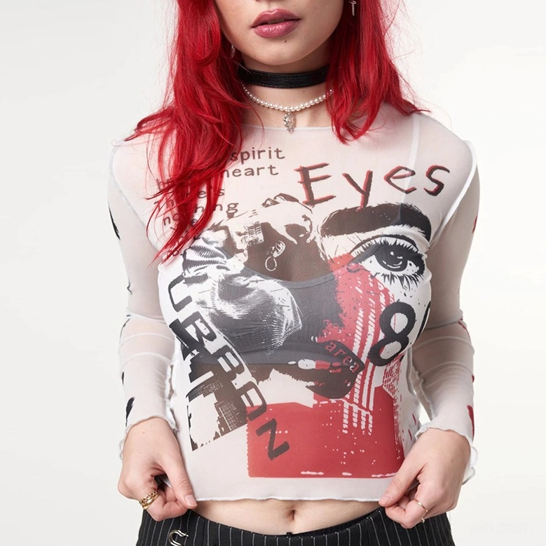 Red-haired model wearing gothic mesh crop top with pleated skirt and choker necklace, full front close-up styling view