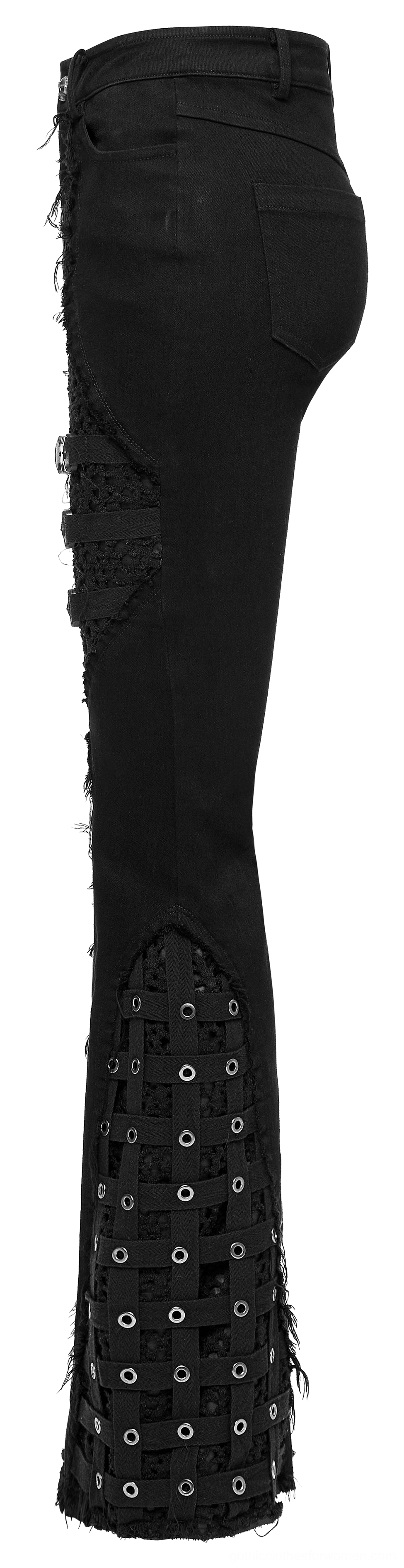 Black gothic mesh flare denim pants side profile showing frayed edges and side mesh panels