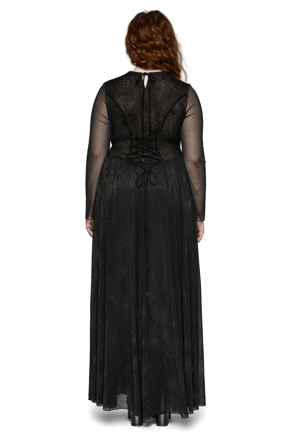 Gothic mesh dress rear view showing lace-up corset back with black ribbon ties and floor-length spiderweb pattern