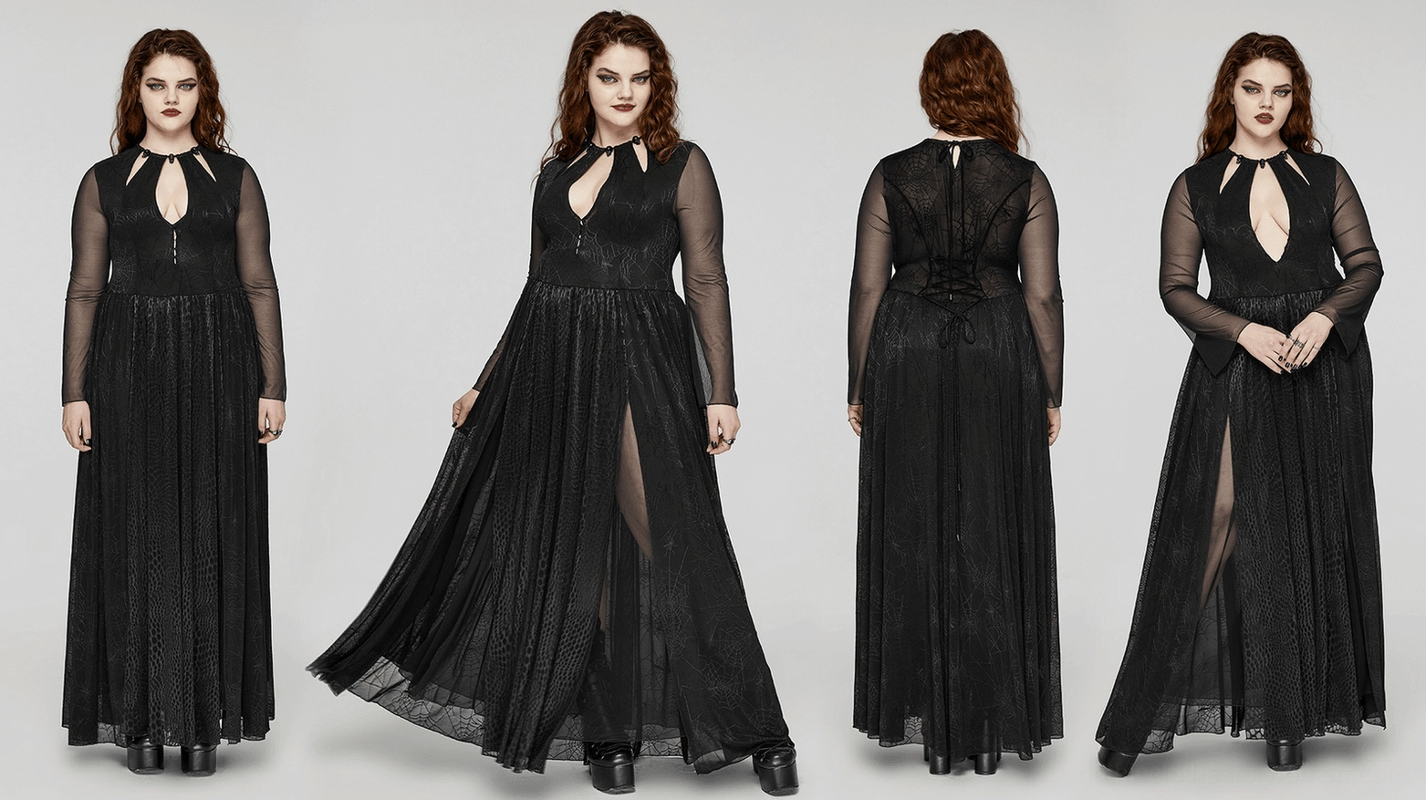 Black mesh gothic dress styling showcase with extended length, sheer sleeves and alternative fashion aesthetic