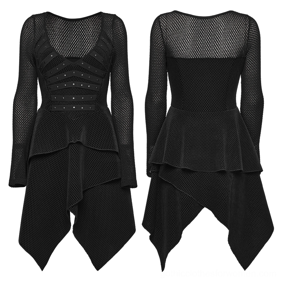 Gothic black mesh dress front and back flat lay displaying long mesh sleeves and irregular hemline