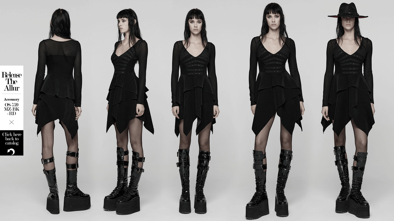 Black gothic mesh dress front presentation view on model with complete styling and layered hemline