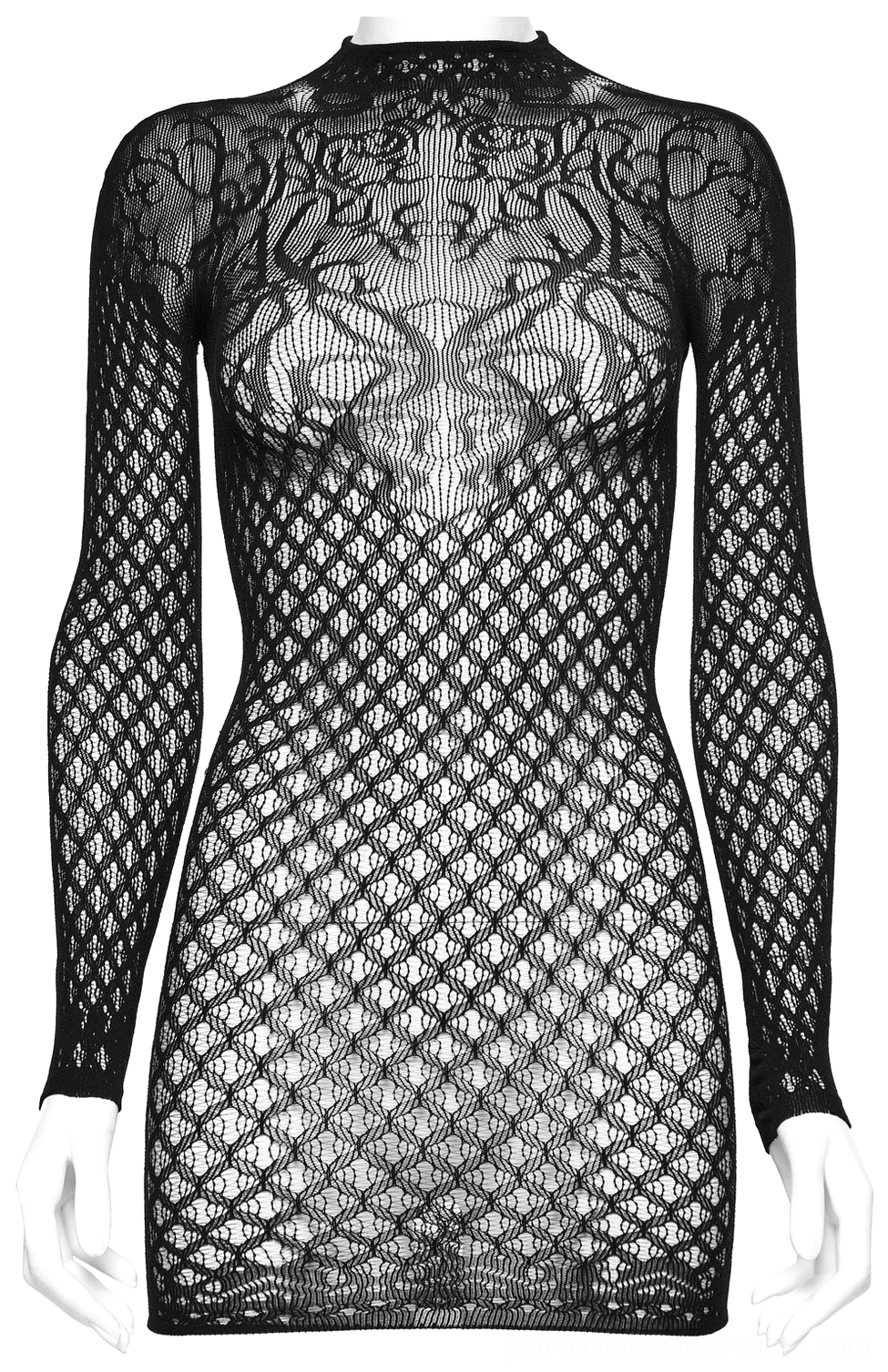 Gothic sheer mesh dress front flat product shot showing high mock neck and long fitted mesh sleeves on dress form