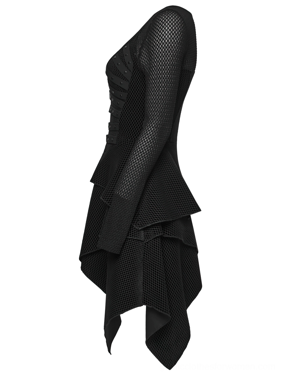 Black gothic mesh dress side flat lay view showing fitted silhouette, peplum waist and asymmetric hemline